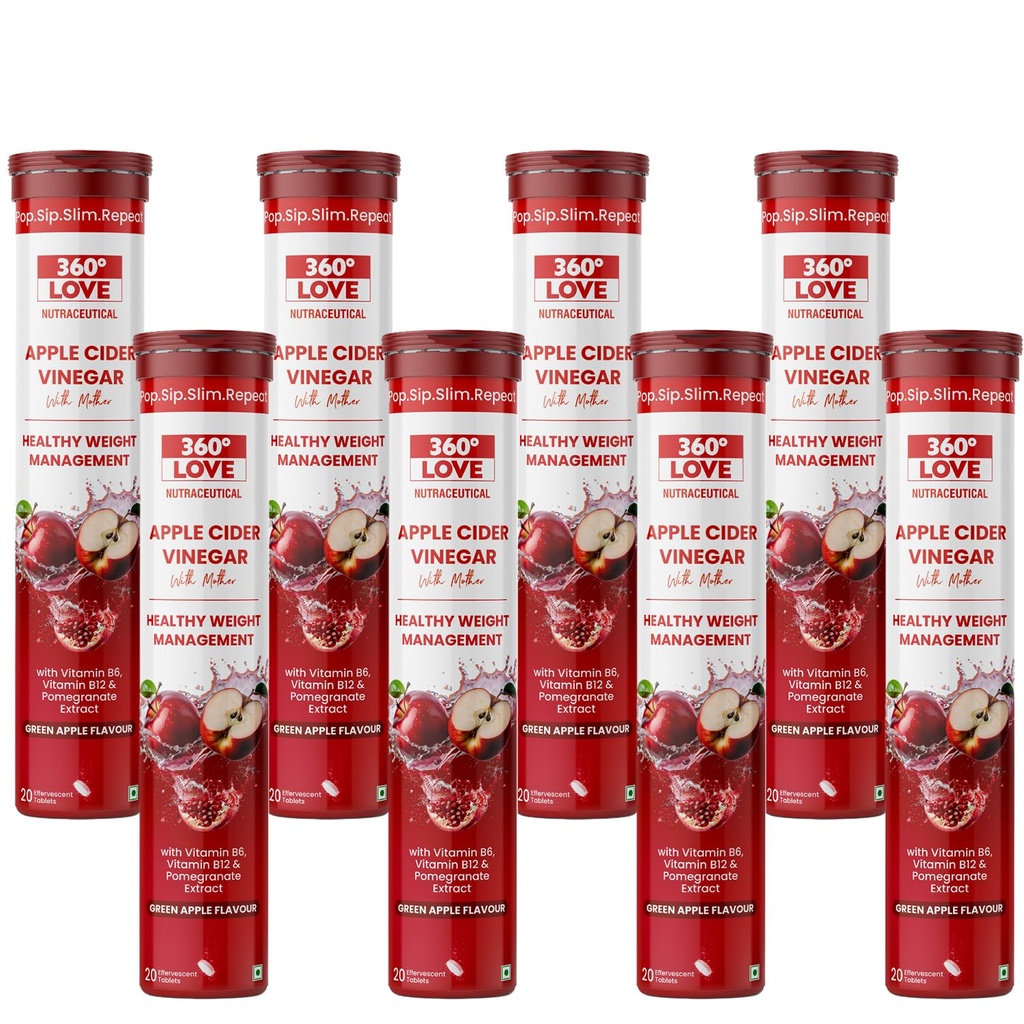 Apple Cider Vinegar Tablets with Mother | Improves Metabolism Promotes Glowing Skin Supports Detoxification Vitamin B6, B12 & Pomegranate Extract 20 Effervescent Tablets (Pack of 8, Green Apple)