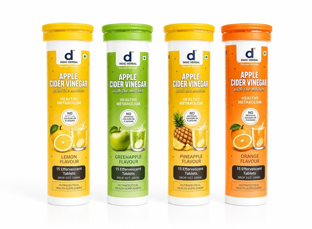 Apple Cider Vinegar Effervescent Tablets with The Mother | Supports Healthy Metabolism | With ACV Goodness in Lemon, Green Apple, Pineapple & Orange | No Artificial Colours or Flavours | Pack of 4 (60 Tablets)