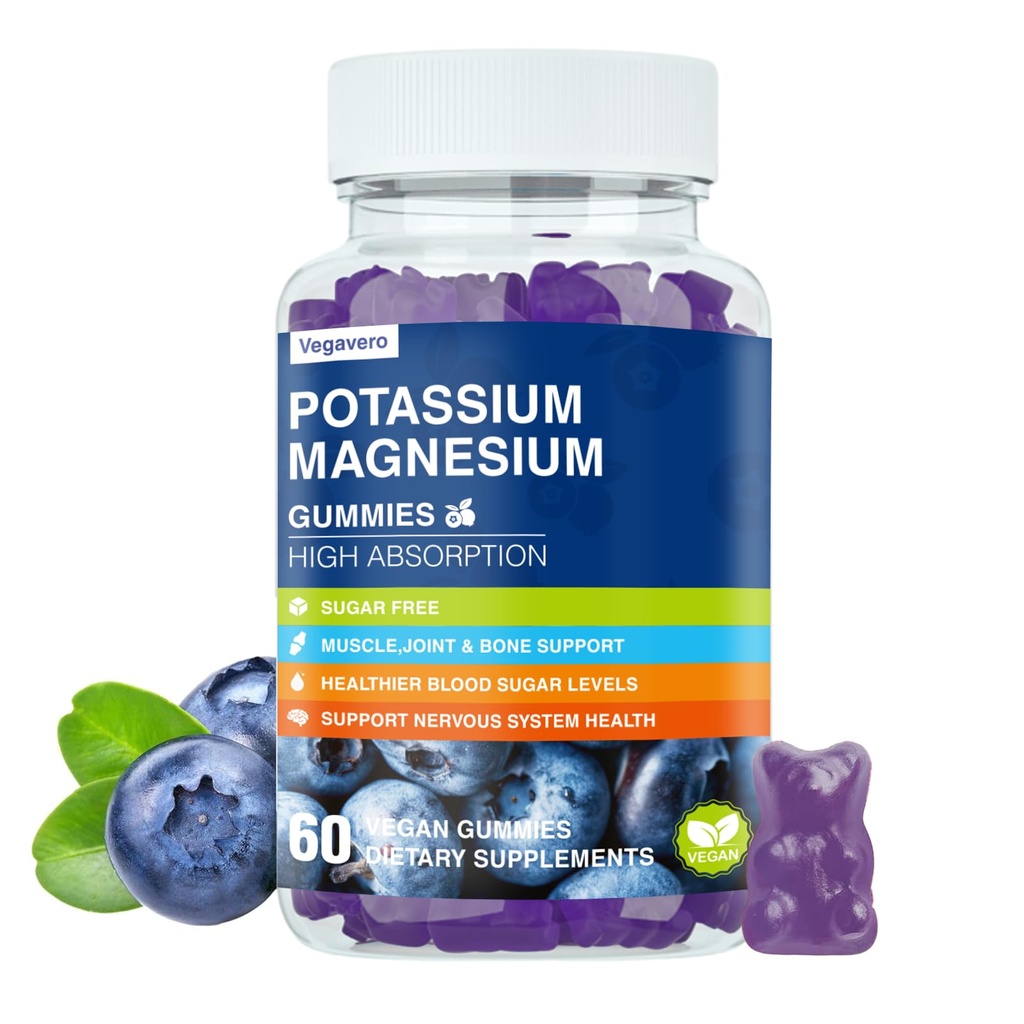Supplément de magnésium Potassium Gommies - Haute absorption Calme Magnésium Glycinate & Citrate de potassium Plus Coenzyme Q10, DHA, D3, Minéral & Calcium pour Zzz, Jambe Crampes & Muscle - 60 Blueberry Gommies