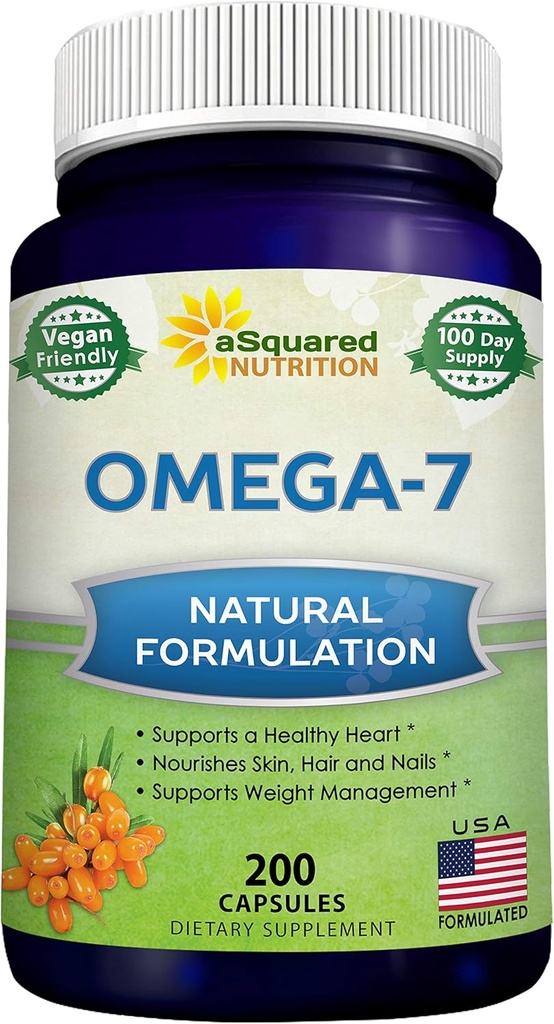 aSquared Nutrition Purified Omega 7 Fettsäuren-200 Kapseln aus natürlichem Meer Buckthorn, XL Vitamin Supplement,No Fish Burp,Vegan, Omega 3 6 9 für vollständige Gewichtsverlust Ergebnisse