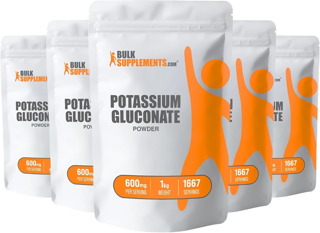 BulkSupplements.com Kalium Gluconate Powder - Kaliumergänzung, Mineralergänzung - Glutenfrei, 600mg pro Servierung, 5kg (11 lbs) (Pack mit 5)