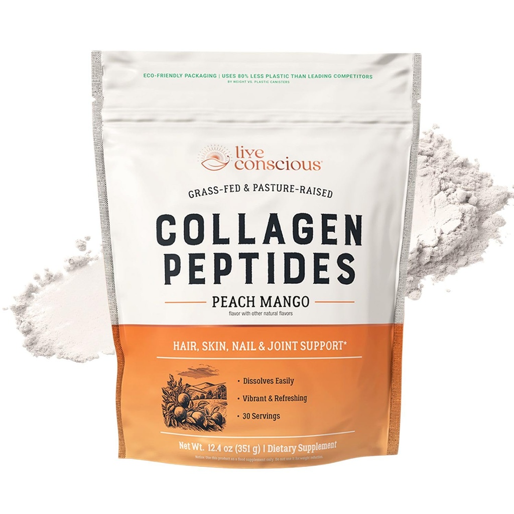 Live Conscious Collagen Peptides Powder - Peach Mango Flavored Collagen Powder - Haar, Haut, Nagel, & Joint Support - Typ I & III Grass-Fed Collagen Supplements für Damen und Herren - 30 Servietten - 13oz