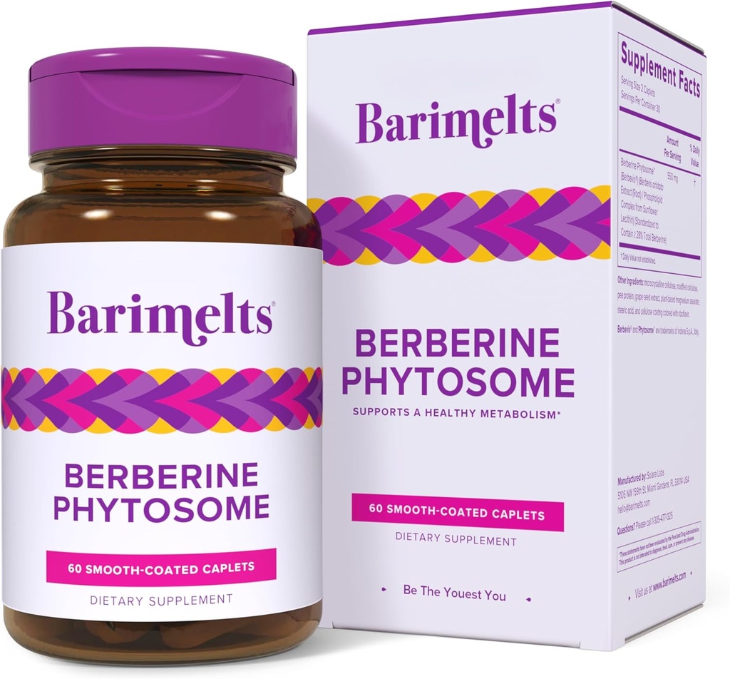 Barimelts Berberine Phytosome 550mg für GLP-1 Anwender und Bariatric Patienten - Stoffwechselunterstützung - 60 Glatte-beschichtete Kapseln (1-Monat-Versorgung)