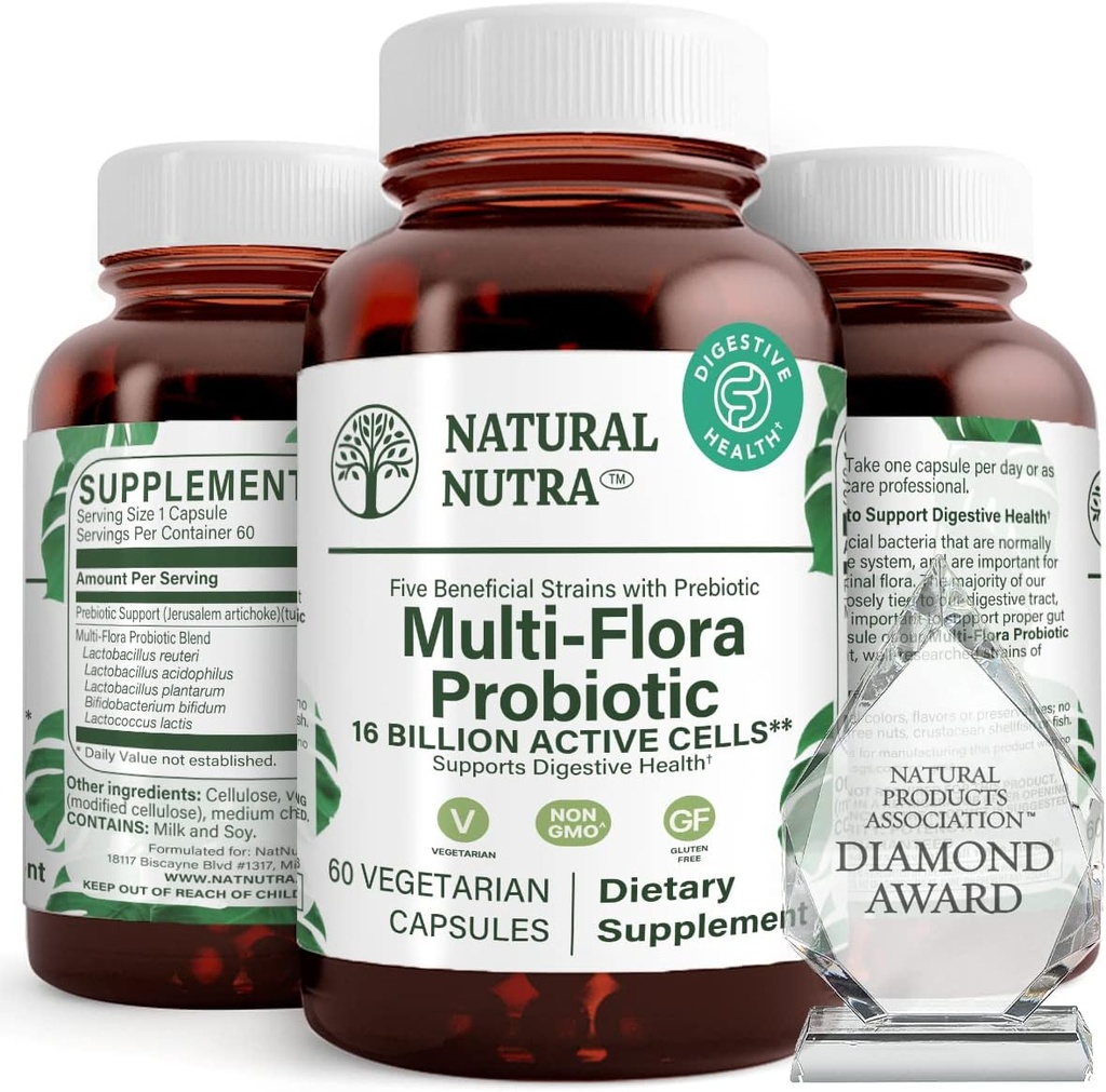 Naturel Nutra Ultimate Flora Probiotique pour les femmes et les hommes, aide à améliorer la digestion, contribue à la santé globale, favorise le système immunitaire, multi-train avec Lactobacillus, Acidophilus, 60 capsules