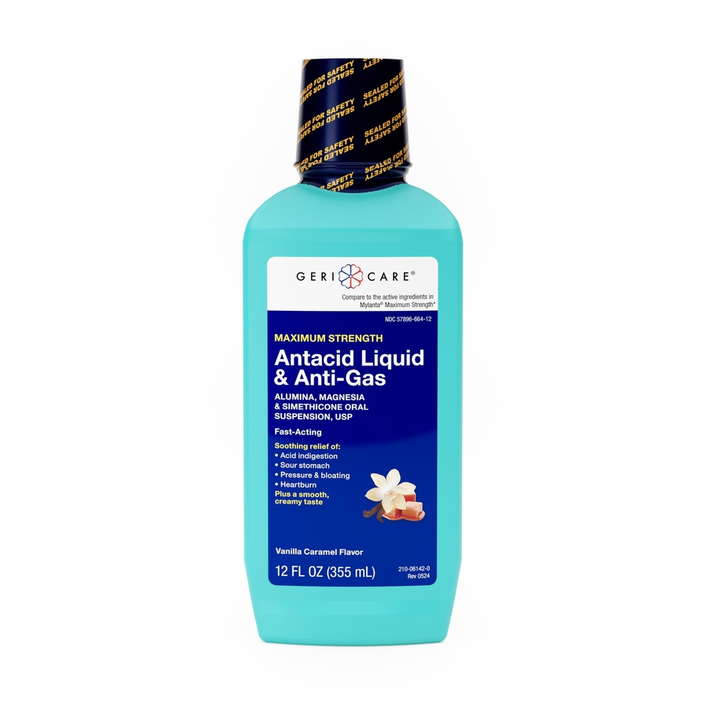 GeriCare Antacid Liquid & Anti-Gas Relief, maximale Stärke für Sodbrennen, Säure Reflux, Sauer Stomach, Druck & Bloating, Säure Verdauung, & Gas, Vanilla Caramel Flavor, 12 fl oz.