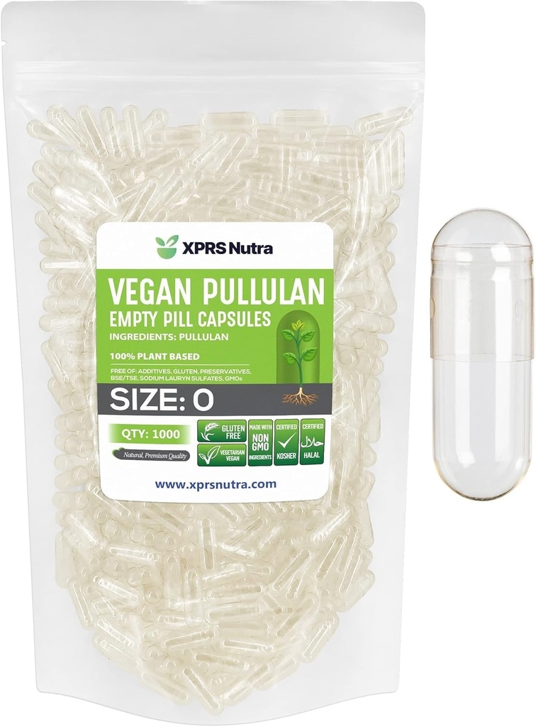 XPRS Nutra Size 0 Pullulan Empty Capsules - 1000 Count Clean Label Plant Clear Empty Vegan Capsules - Premium Vegetarian Pills - DIY Vegetable Caps Filling for Do-It-Yourself Supplements