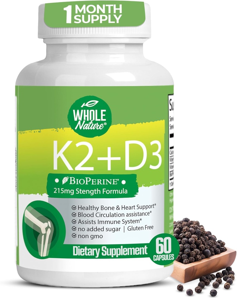 K2 D3 Vitamin Supplement mit BioPerine - Vegan Kalzium mit Vitaminen K und D - Fortgeschrittene D3K2 VIT 5000 IU - 60 Vegan D3 Plus K2 MK-7 Komplexe Nahrungskapseln für Herz- und Knochengesundheit (1