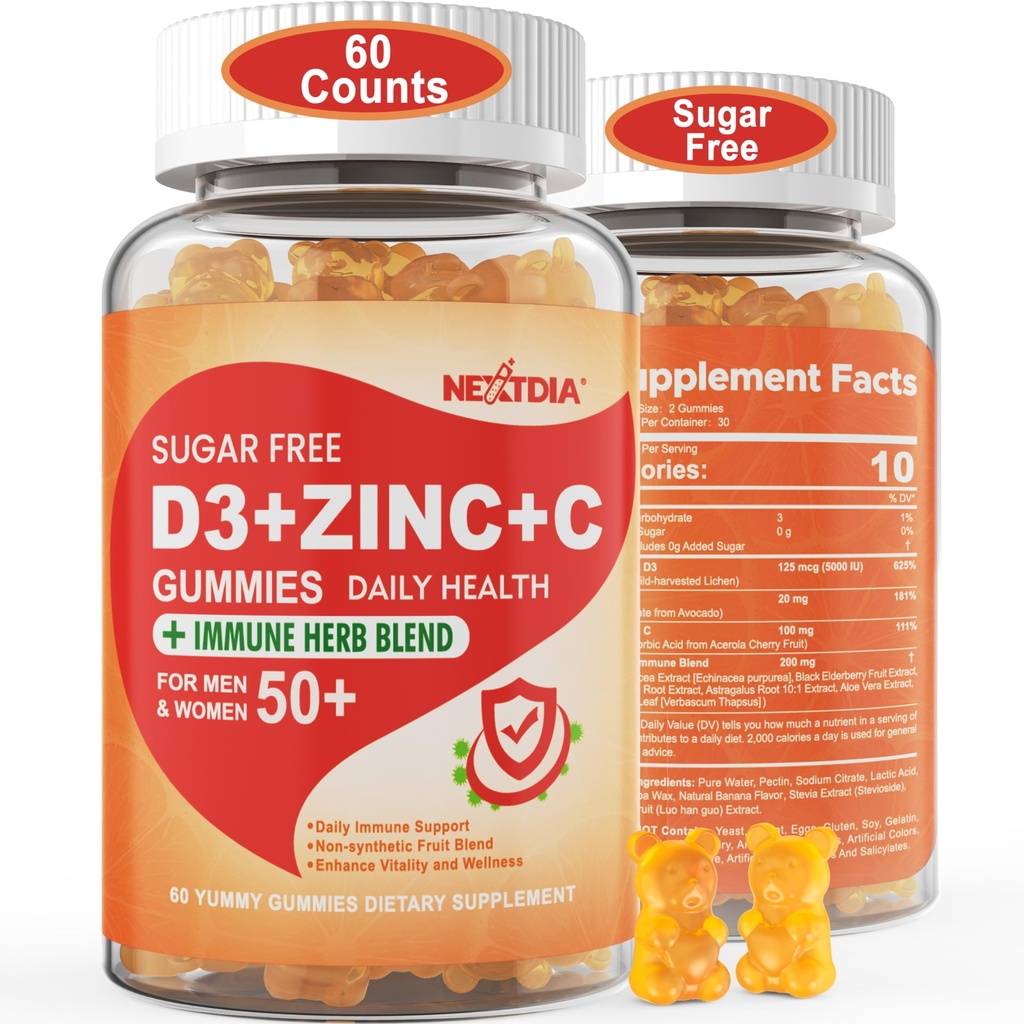 Zuckerfreies Vitamin C + D3 + Zink-Gummi für Erwachsene 50 +, 9 in 1 Immunverteidigungsergänzung mit D3 5000IU, Elderberry, Echinacea, Mullein Leaf für Boost Immunität, Power Antioxidant, Vegan (Pack von 1)