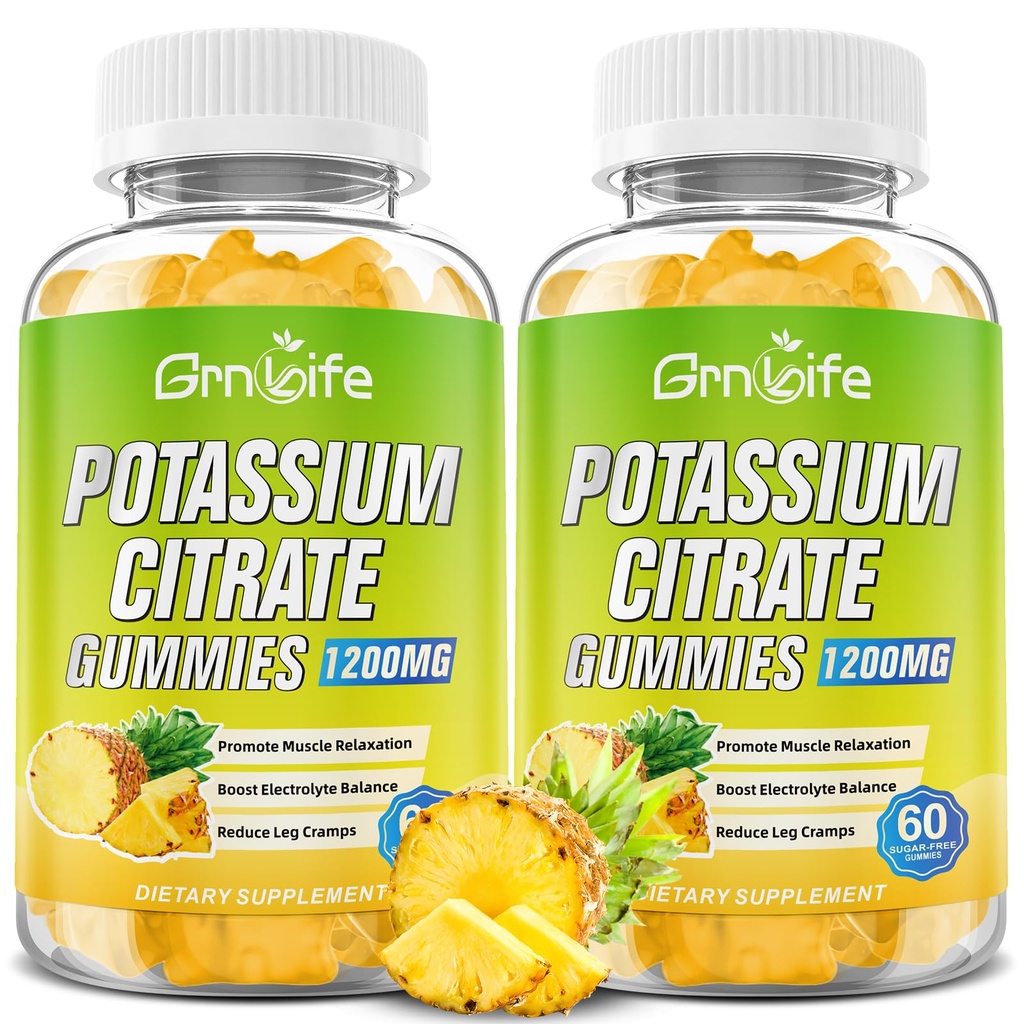 Kalium-Zitrat-Gummi, hohe Kalium-Ergänzung-Gummi-Gummi-Gummi 1200mg Unterstützung Leg Cramps & Muskel-Gesundheit, für Erwachsene & Kinder, Vegan, Ananas Flavor 120 Count