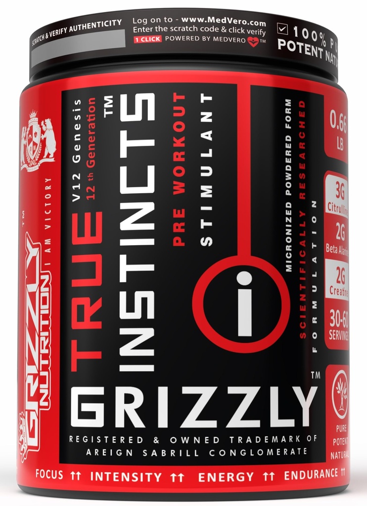 Grizzly Nutrition True Instincts 300 Grams Advanced Pre Workout Powder Supplement for Men & Women | Energy, Focus & Muscle Pump Formula with L-Citrulline, Beta Alanine, Creatine, Theanine & Caffeine +11 Researched Performance Boosters, Spanish Strawberry