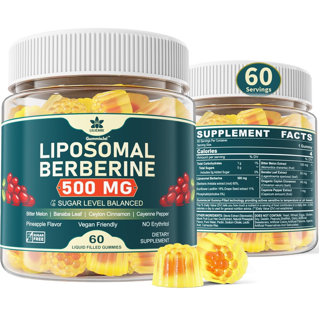 Berberine 500mg Supplement, Einmal täglich, Liposomale Gummis mit Ceylon Cinnamon, Bitter Melon, Banaba Blatt für Metabolismus Balanced, AMPK Activator, Hohe Absorption, Zuckerfrei, Vegan, 60 Cts