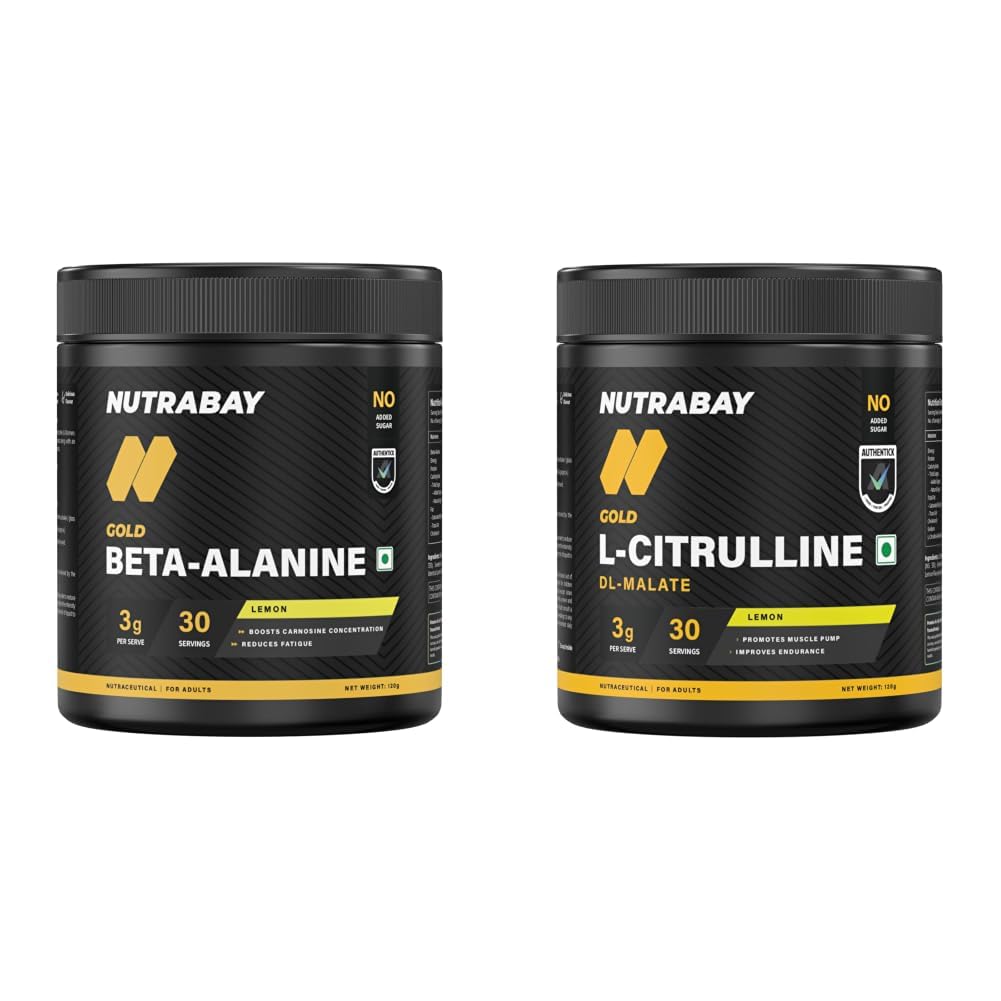 Nutrabay Gold Beta Alanine Supplement Powder 120g, Lemon Flavor – Pre Workout Amino Acid for Endurance & Fatigue Reduction & Gold Citrulline Malate 2:1 Supplement Powder 120g, Lemon Flavor – Boosts