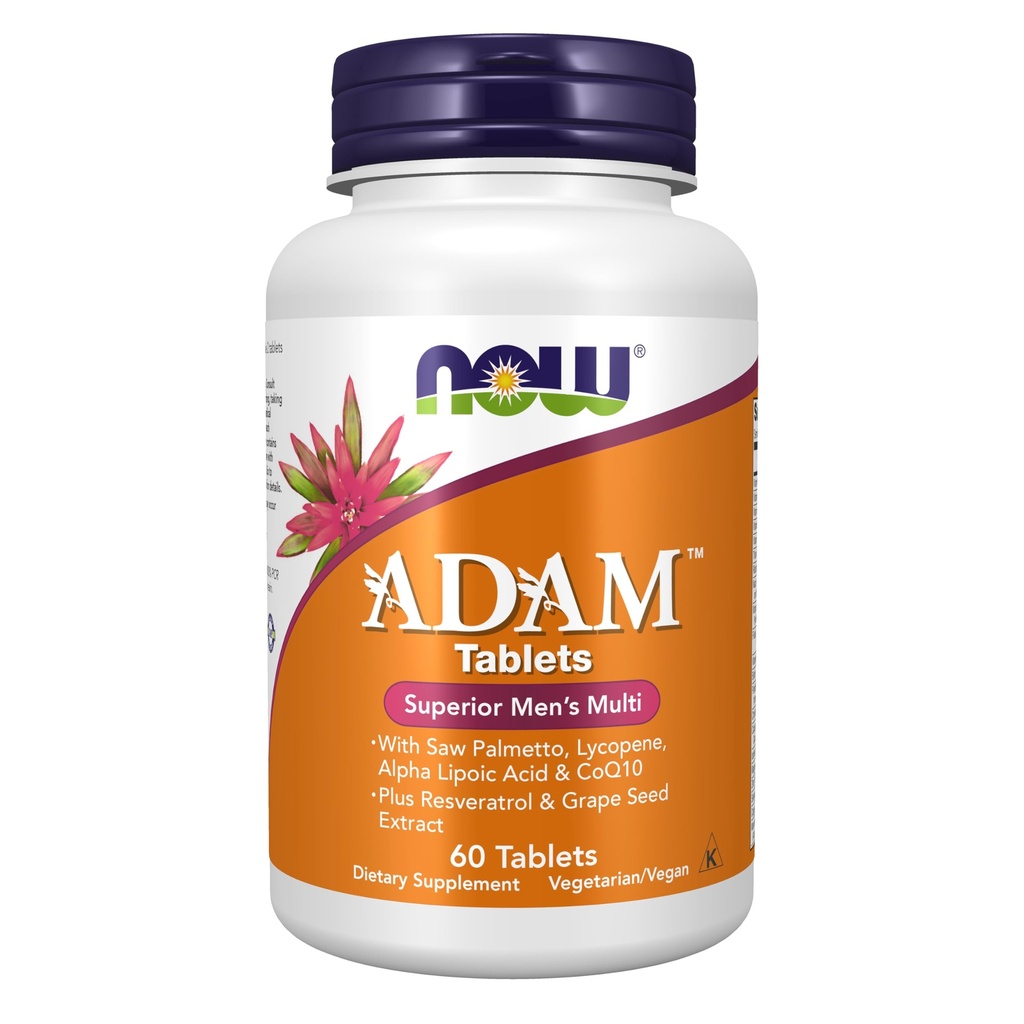 MAINTENANT compléments alimentaires, multivitamines masculines ADAMTM avec Palmetto de scie, Lycopène, acide alpha lipoïque et CoQ10, plus resvératrol naturel et extrait de graines de raisin, 60 comprimés