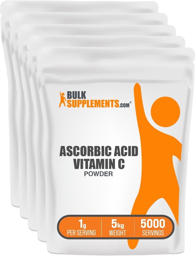 BulkSupplements.com Ascorbic Acid Powder - Vitamin C Supplement, Ascorbic Acid Food Grad - Pulveriertes Vitamin C, Immununterstützung - Glutenfrei, 1g pro Servierung, 5kg (11 lbs) (Pack mit 5)