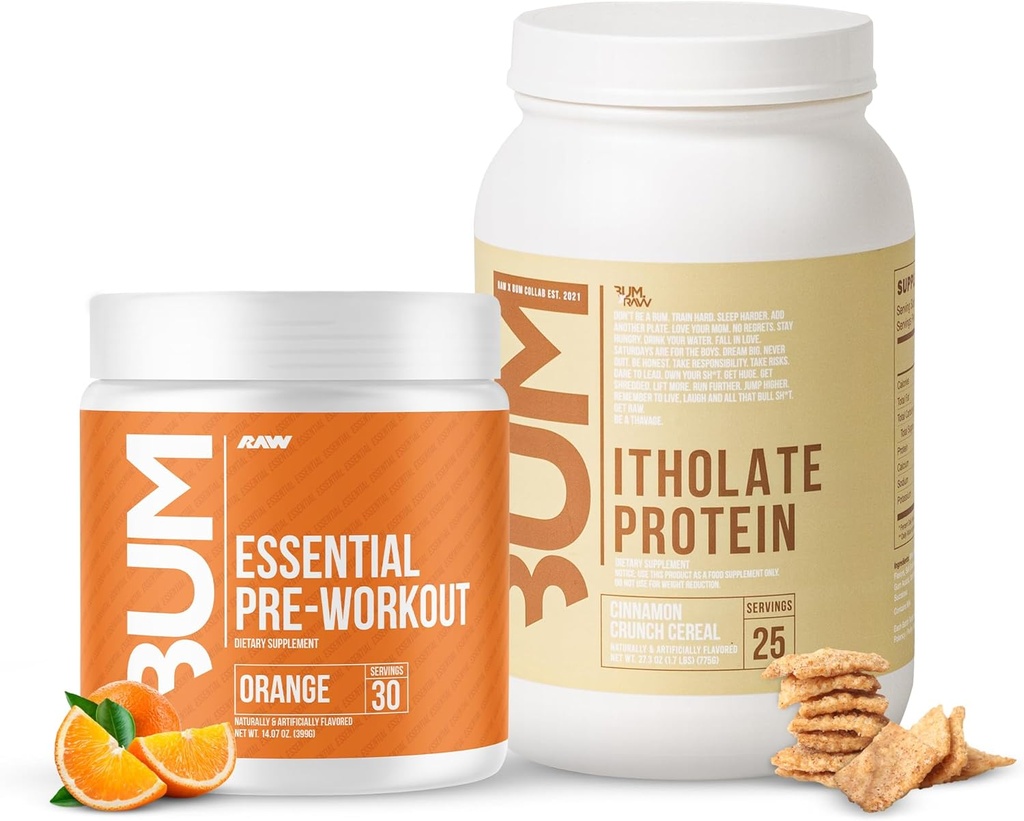 RAW Whey Isolate Protein Powder & Essential Pre-Workout Powder Bundle (Cinnamon Crunch & Orange) - Chris Bumstead Sports Nutrition Supplement für Männer und Frauen