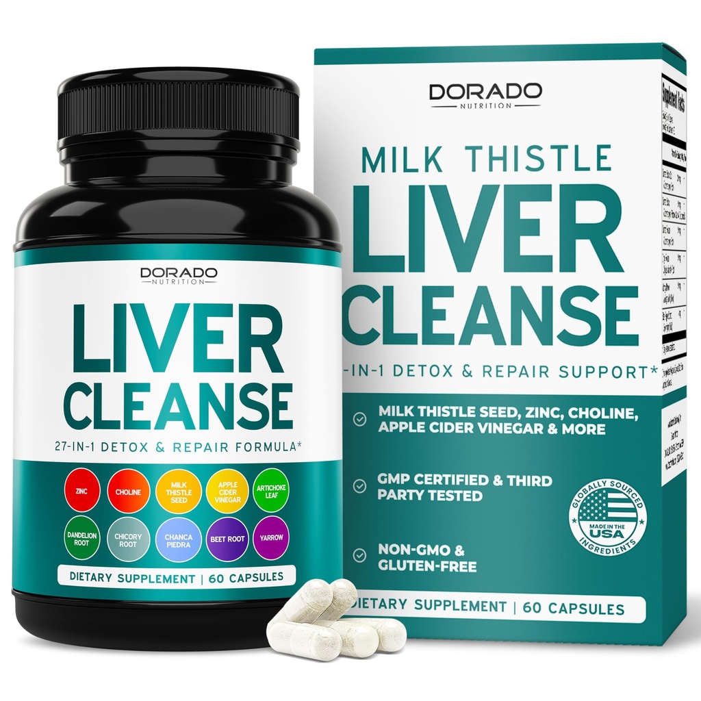 Nettoyer le foie Détox & Réparation 27 en 1 Formule - Thistle de lait, racine de dandelion, curcuma, extrait d'artichaut et plus - Supplément de soutien de détox foie - 3ème partie testée, Vegan Safe & USA Made (60 comte)