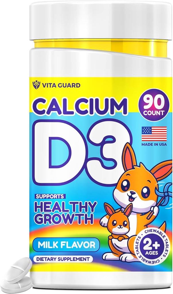 Kalzium D3 Kautabletten für Kinder – 640 mg Kalzium & 320 IU Vitamin D3 – Non-GMO, Milch Geschmack – Knochen & Zähne Unterstützungsergänzung – 90 Tabletten für Alter 2+