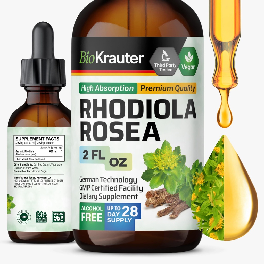 BIO KRAUTER Rhodiola Rosea Supplement Liquid - Pure Rhodiola Rosea Tincture - Vegane Calmness-Unterstützung - Alkohol & Zucker Free Extract 2 Fl.Oz.