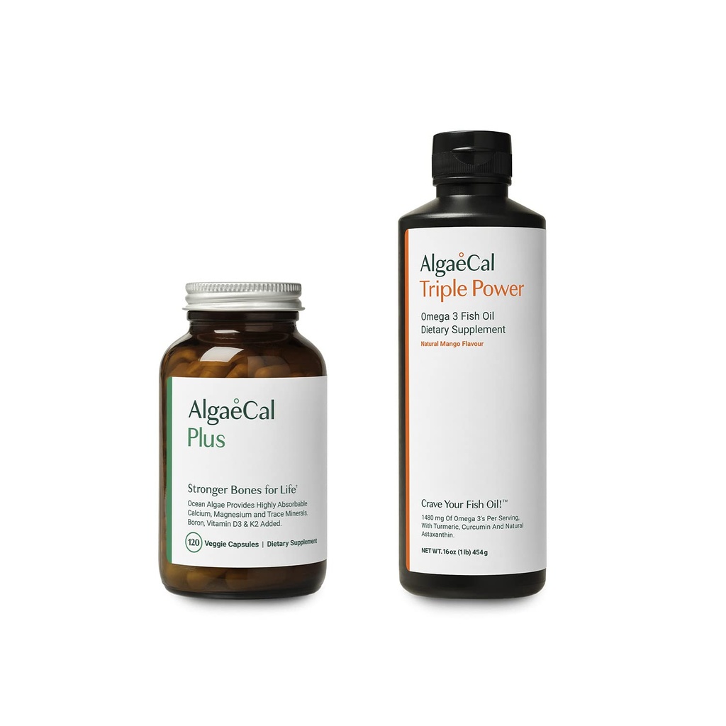 AlgaeCal Bundle - All Natural Calcium Supplement VIT D3 & K2, Magnesium, Boron und Trace Mineralstoffe & Triple Power Omega-3 Fish Oil Natural Liquid Emulsion mit EPA DHA Curcumin, Astaxanthin