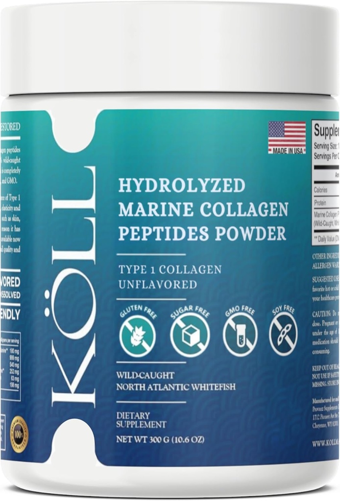 KÖLL Marine Collagen Peptides Powder (300g) Unflavored Sugar-Free Collagen for Women & Men, 10.000mg Hydrolyzed Supplement, Wild-Caught Sourced, Non-GMO, 0% Konservierungsmittel Typ 1 für Knochen & Haut Gesundheit