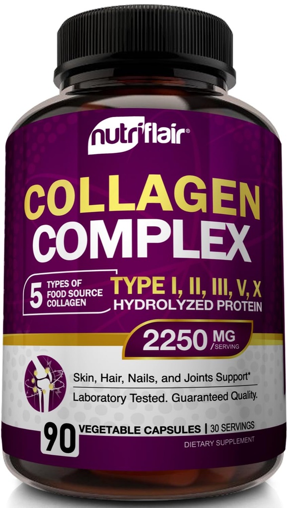 NutriFlair Multi Collagen Peptides 2250mg, 90 Kapseln - Typ I, II, III, V, X - Kollagen Ergänzungen Komplexe Pulver Pillen für Frauen und Männer - Hydrolysiertes Protein, Gesundes Haar, Haut, Nägel - Non-GMO