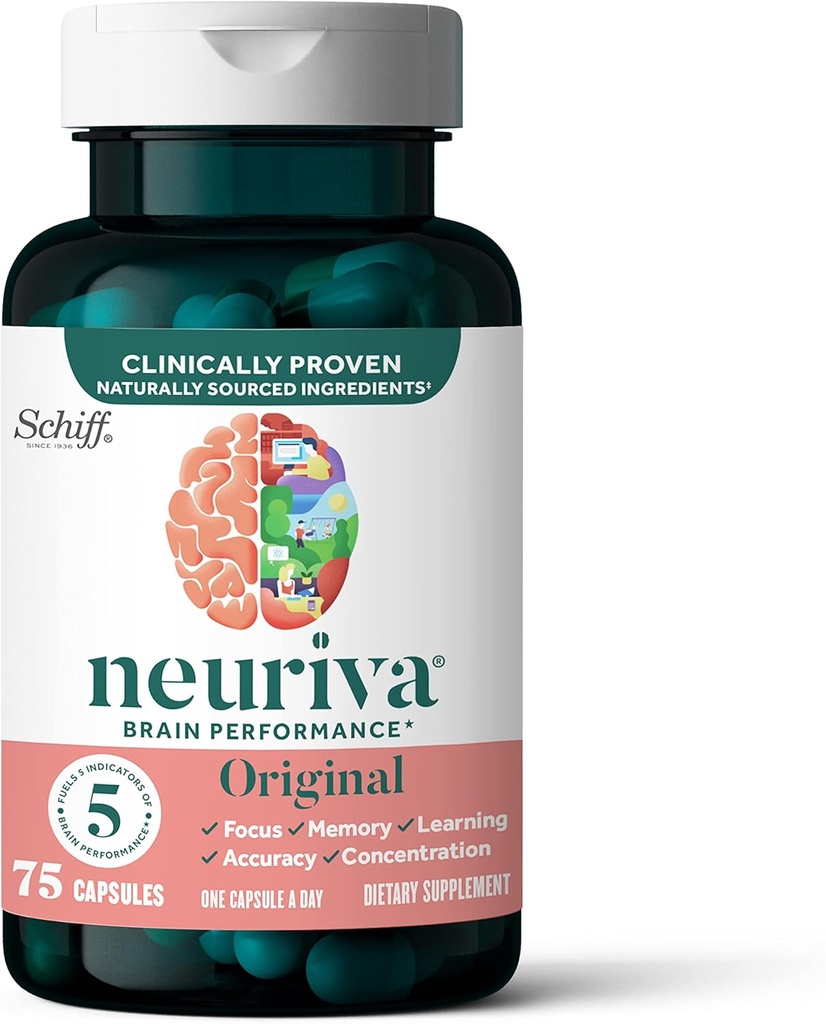 NEURIVA Original Brain Supplement für Speicher, Fokus & Konzentration + Lernen & Genauigkeit mit klinisch getesteten Nootropics Phosphatidylserine und Neurofactor, Koffeinfrei, 75ct Capsules