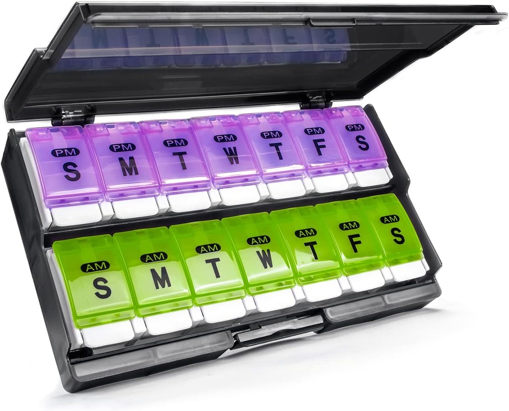 Extra Large Weekly Pill Organizer 2 Mal am Tag - Remtise Am/Pm Daily Pill Case Medicine Organizer, Push Button 7 Day Pill Box für Pillen/Vitamin/Cod Liver Oil/Supplements (Purple & Green)