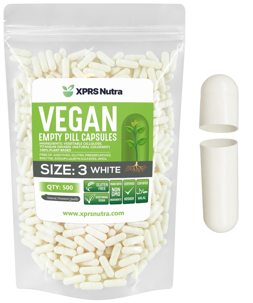 XPRS Nutra Größe 3 Leere Kapseln - 500 Graf Leere Vegan - Vegetarische Pillen - DIY Gemüse Kapsel Füllung - Veggie Pill Caps (Weiß)
