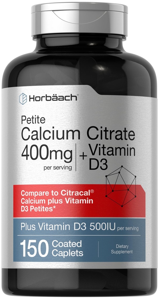 Horbäach Calcium Citrat mit Vitamin D3 | 150 Petite Coated Caplets | Ergänzung für Männer und Frauen | Vegetarisch, Non-GMO & Gluten Kostenlos