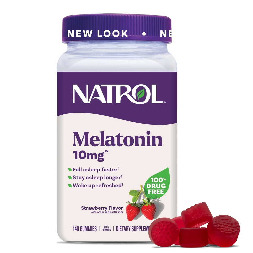 Natrol Melatonin Gummis, Schlafunterstützung für Erwachsene, Melatonin 10 mg, 140 Erdbeer-Flavored, Bis zu 70 Tage