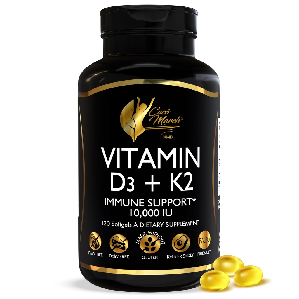 Cocó March N.M.D Vitamin D3+K2 10.000 IU - Hohe Potenzergänzung für Frauen & Männer, Immununterstützung, Knochen & Gelenkgesundheit - Glutenfrei, Non-GMO, 4 Monate Versorgung, 250 mcg D3, 180 mcg Vitamin K2