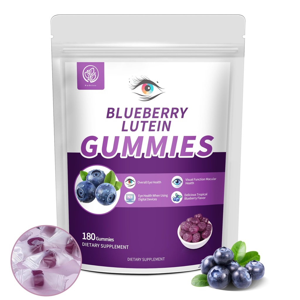 Blueberry Lutein Vitamines oculaires Gummies avec 180 Compte - 3 mois d'approvisionnement, Vegan Eye Health Supplément pour les enfants et les adultes, Gummies lutéines pour la clarté de la vision et soutien de la lumière bleue