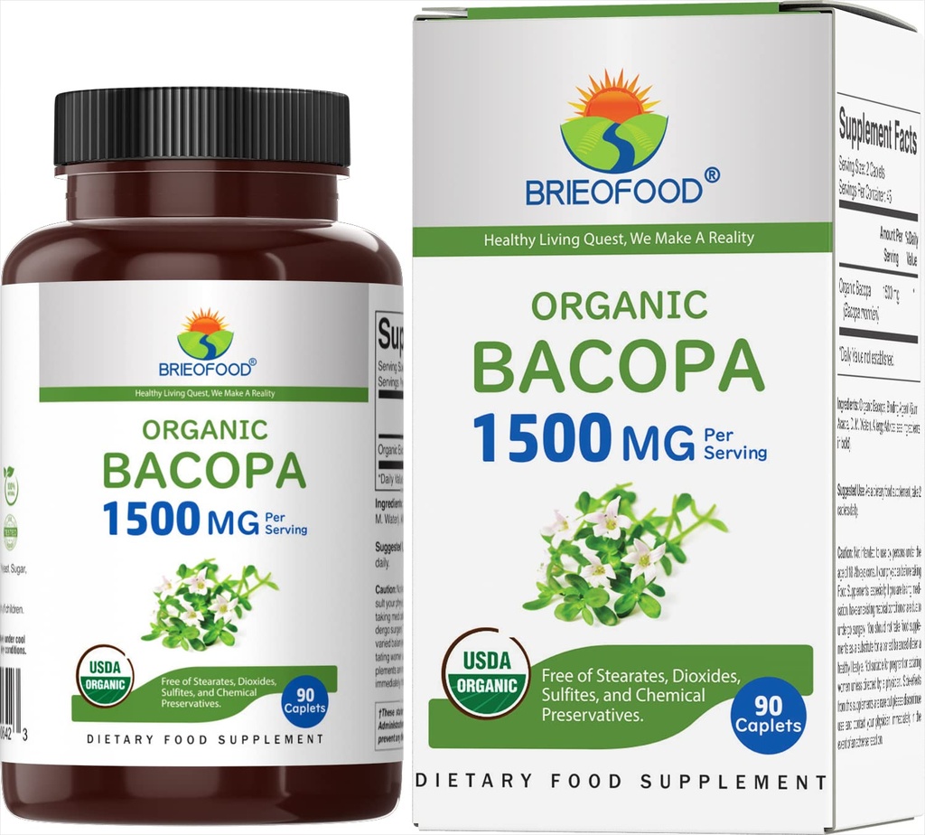 Brieofood Bio Bacopa 1500mg, 45 Servierungen, Vegetarisch, Glutenfrei, 90 vegetarische Tabletten...