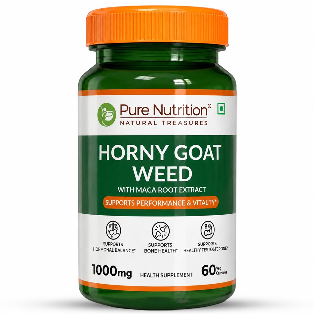 Pure Nutrition Horny Goat Weed with Maca Root Extract 1000mg | Horny Goat Weed for Men Capsule Supports Energy, Stamina, Bone & Hormonal Health – 60 Veg Capsules