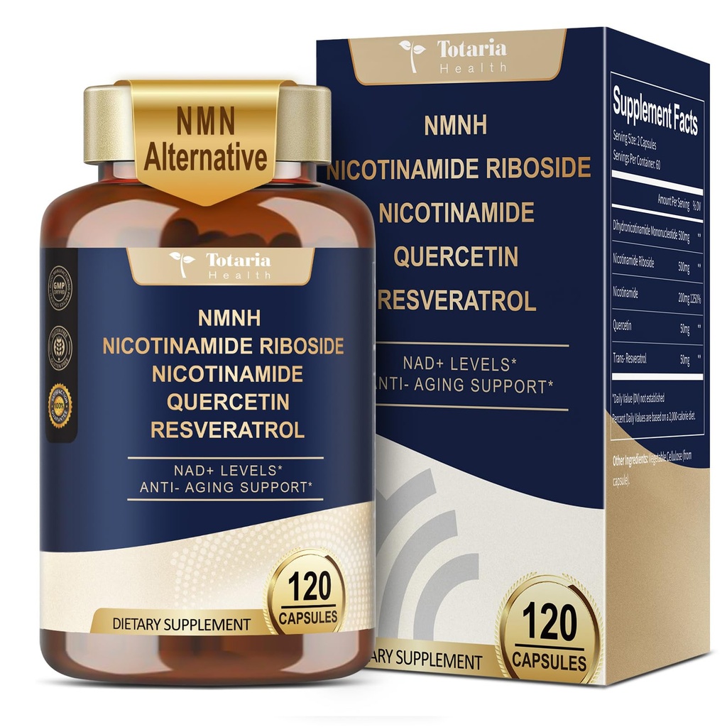 Totaria NMNH (dihydronicotinamide mononucléotide), supplément alternatif NMN avec/Niacinamide (vitamine B3), Quercetin, trans-résvératrol, support NAD+, santé cellulaire cutanée*, anti-âge et énergie, 120 capsules