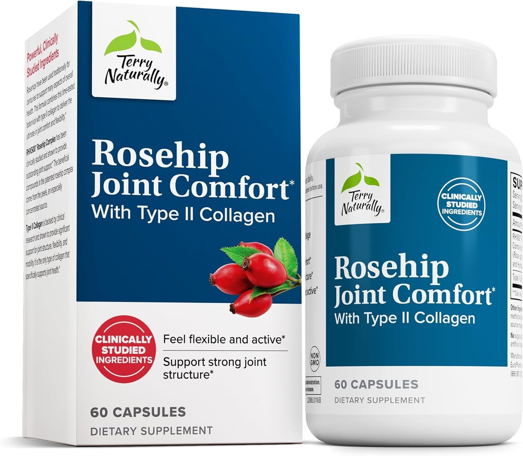 Terry Naturally Rosehip Joint Comfort - Healthy Joint Mobility & Flexibility Support Supplement - Ergänzung mit Typ II Collagen - Joint Structure & Cartilage Supplement - 60 Kapseln
