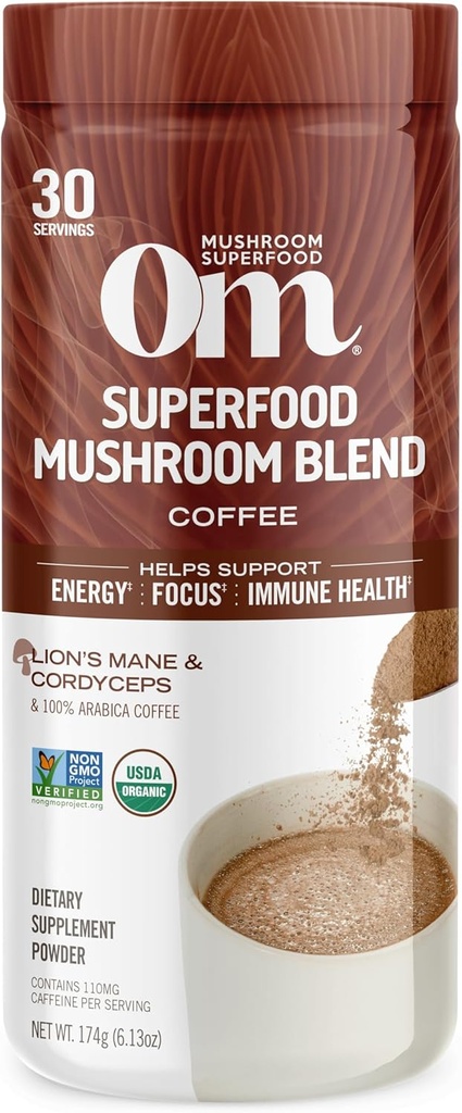 OM MUSHROOM SUPERFOOD Coffee Blend – Bio Arabica mit Lion’s Mane, Cordyceps, Reishi, Turkey Tail & Ginkgo – Unterstützt Energie, Fokus & Klarheit – 6.24 Unze Canister (30 Servierungen)