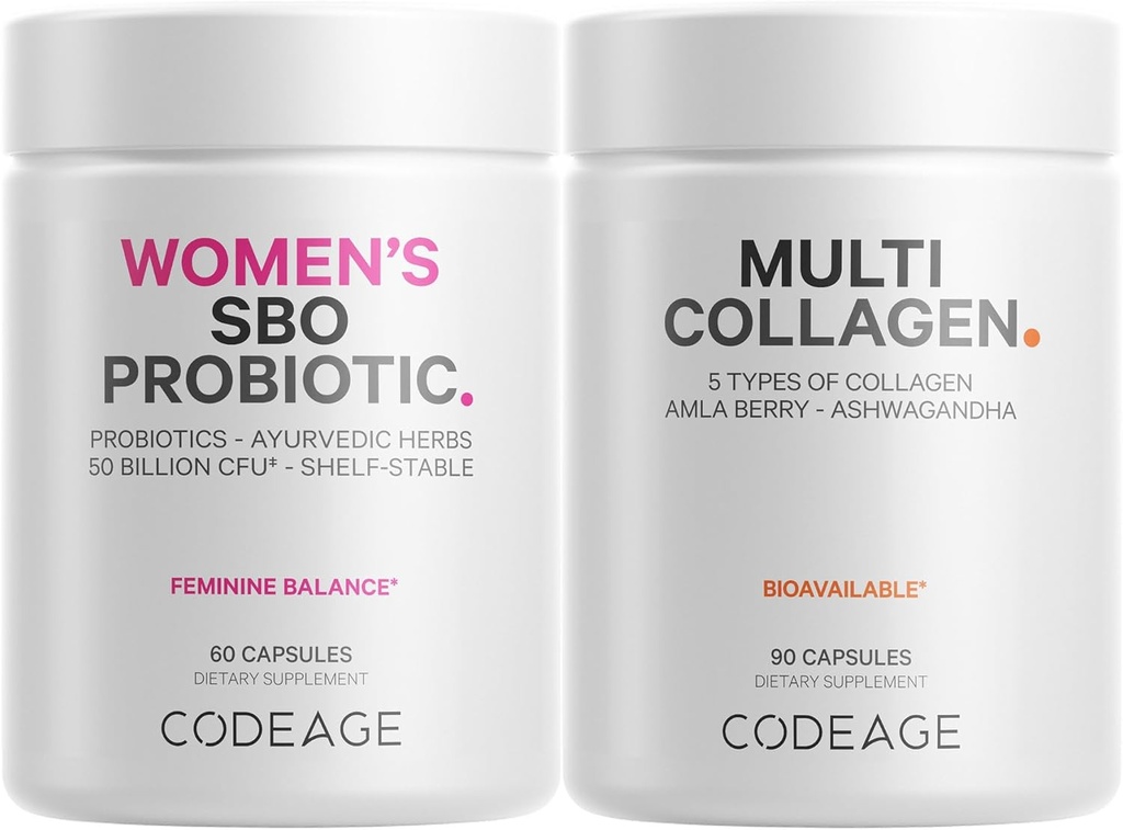 Codeage Multi Collagen Protein Kapseln & Probiotika für Frauen Bundle | Multi Collagen Pillen, Collagen Typen I, II, II, V & X, 90 Count | Präbiotics & Probiotics für Frauen - Soy & Dairy Free, 60 Count