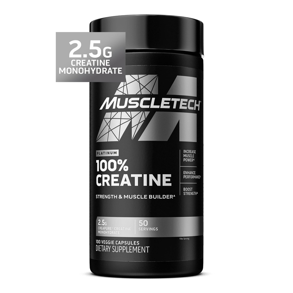 MuscleTech Platinum Capsules monohydratées en créatine - Creapure Creatine Pre & Post Workout Muscle Builder, Muscle Recovery & Energy Boosting Supplément pour les hommes et les femmes - 100 pilules Veggie