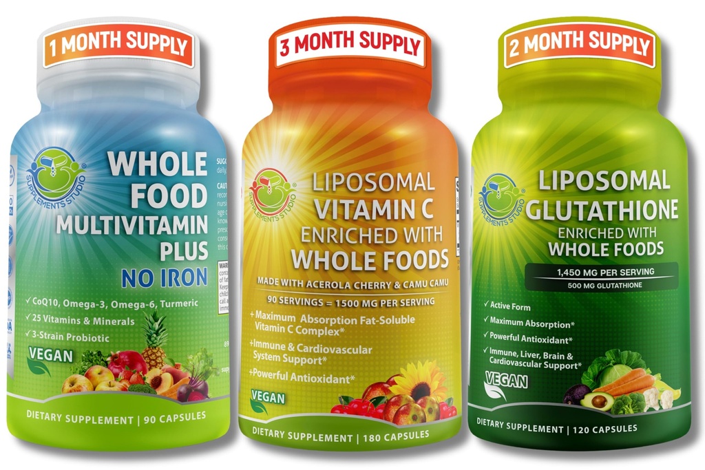 Immune & Daily Wellness Support Bundle pour les femmes et les hommes – Vitamine liposomique C 1500mg + Vegan Whole Food Multivitamine Non Fer + Glutathion liposomique 500mg – Vegan, Non-OGM, Clean Daily Wellness Support