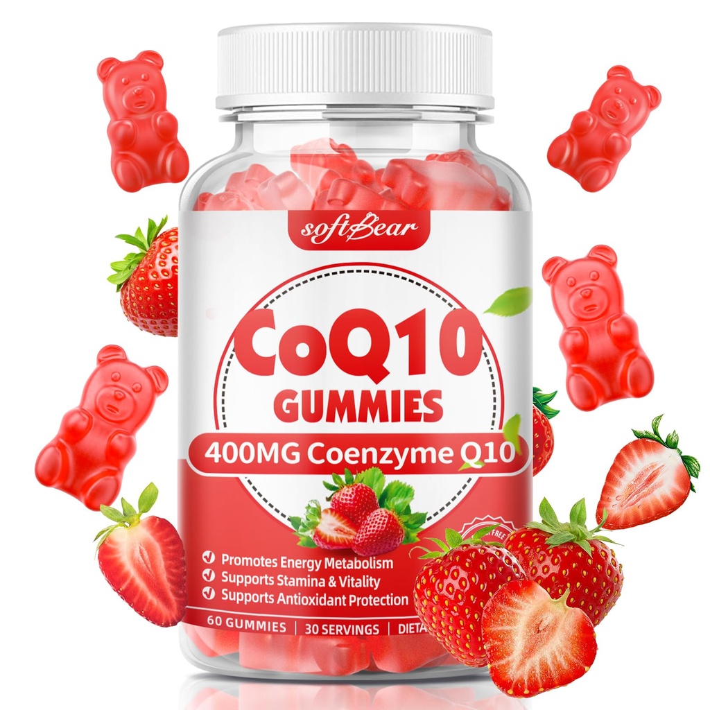 softbear CoQ10 Gummies 400mg Coenzym Q10 Ergänzung für Erwachsene, hohe Absorption coq10 Plus Omega-3, Magnesium, Vitamin B3 & Zink für Zelluläre Energie & Antioxidans, Erdbeeren Flavor 60 Zähler