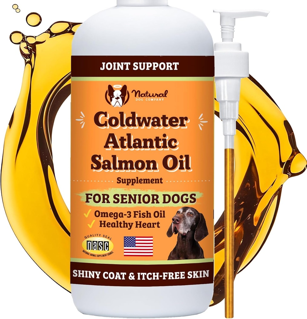 Natural Dog Company Coldwater Atlantic Salmon Oil for Dogs (16oz) - Supplément d'huile de poisson de chien senior avec Omega 3, facile à digérer pour l'huile de poisson de chien senior, supplément d'huile de poisson de chien liquide