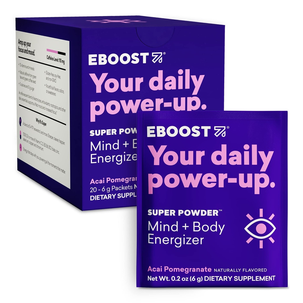 EBOOST SUPER POWDER Drink Mix - Acai Pomegranate 0.2 oz 20 Pack Hydration Energizer Electrolytes Powder - 13 Vitamins & Minerals - 110 mg Caffeine - 0 Added Sugar - No Artificial Flavors or Sweeteners