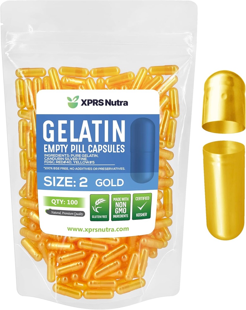 XPRS Nutra Size 2 Empty Capsules - 100 Count Empty Gelatin Capsules - Pills DIY Capsule Filling - Pure Bovine Pill Gel Caps for Do-It-Yourself Supplements (Gold)