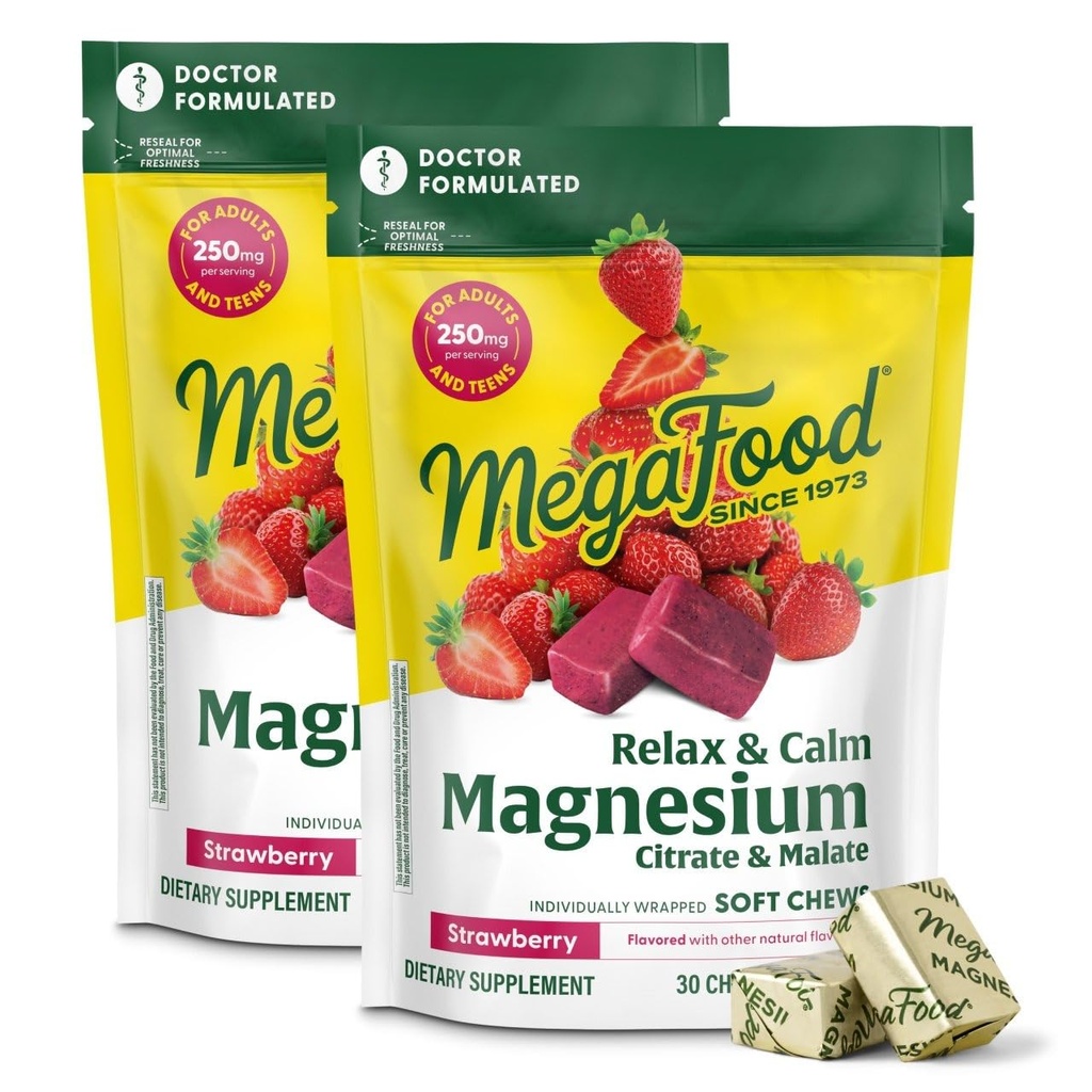 MegaFood Relax + Calm Magnesium Supplement - Weiche Kauen mit Magnesium Citrat & Malate für Herzgesundheit, Muskelverspannung &amp; mehr - Vegetarier - Erdbeer-Flaschen - 30 Chews pro Pack (2 Pack)