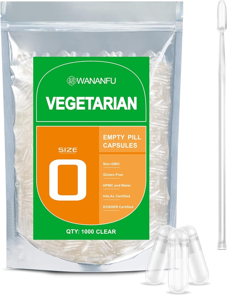 wananfu Taille 0 Capsules vides Végétarien (1000 Nombre) Bundle avec Micro Lab Spoon, Effacer Capsules Veggie Pill Taille 0 pour faire vos propres suppléments