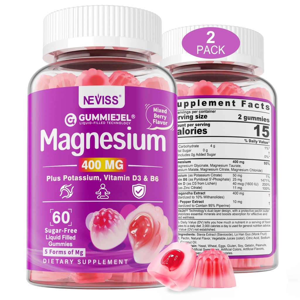 Zuckerfreie Magnesium-Gummien 400mg | 5-in-1 Complex Magnesium: Glycinat, Citrat, Malat, Chloride & Taurate | mit Ashwagandha, Vitamin D3 & Zink | Calm, Mood & Energy Support | Vegan, 2-Pack