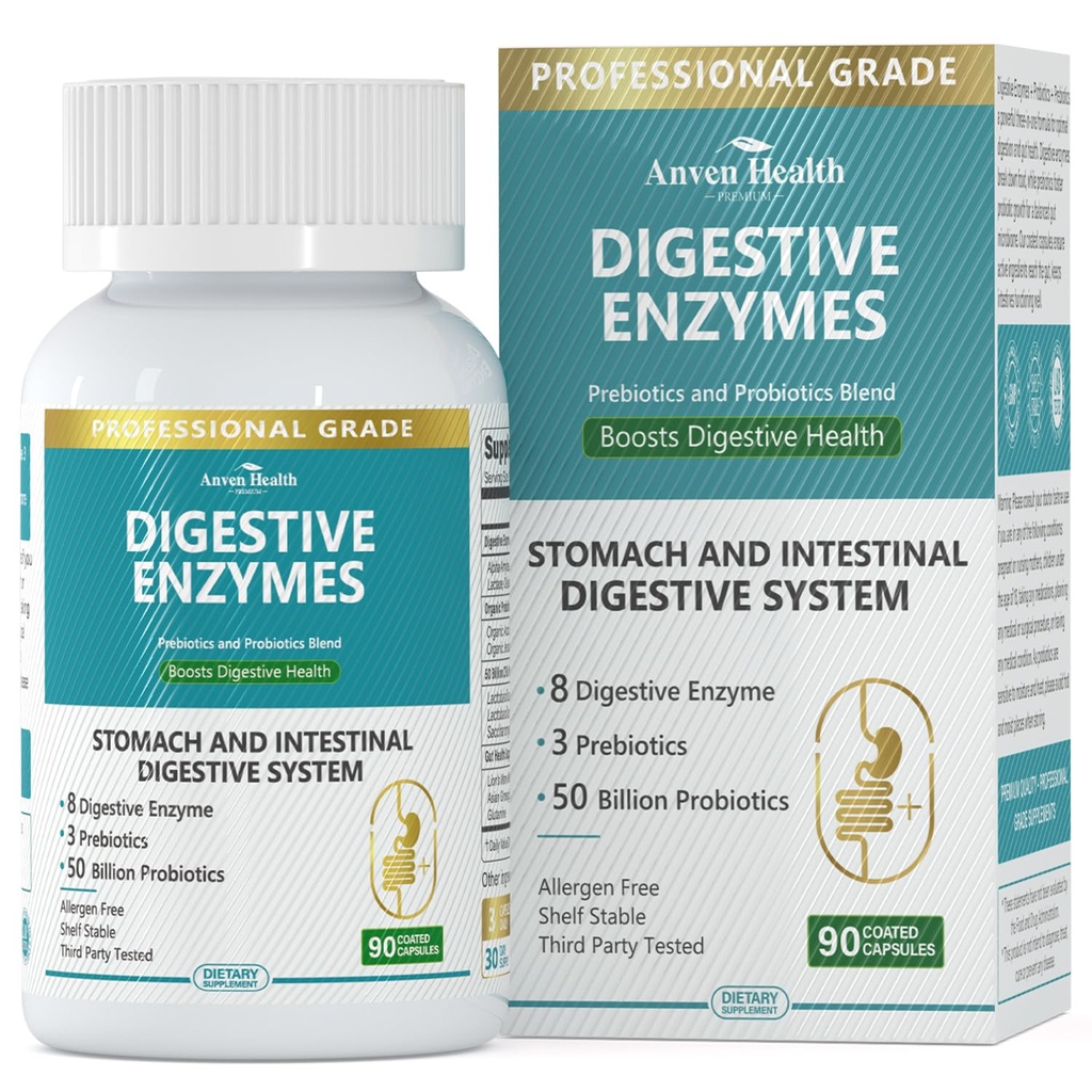 800mg Digestive Enzymes for Men and Women with Probiotics & Organic Prebiotics, 8 Key Enzymes, Protease, Amylase & Lipase for Bloating, Gas Relief, Non-GMO | 90 Capsules