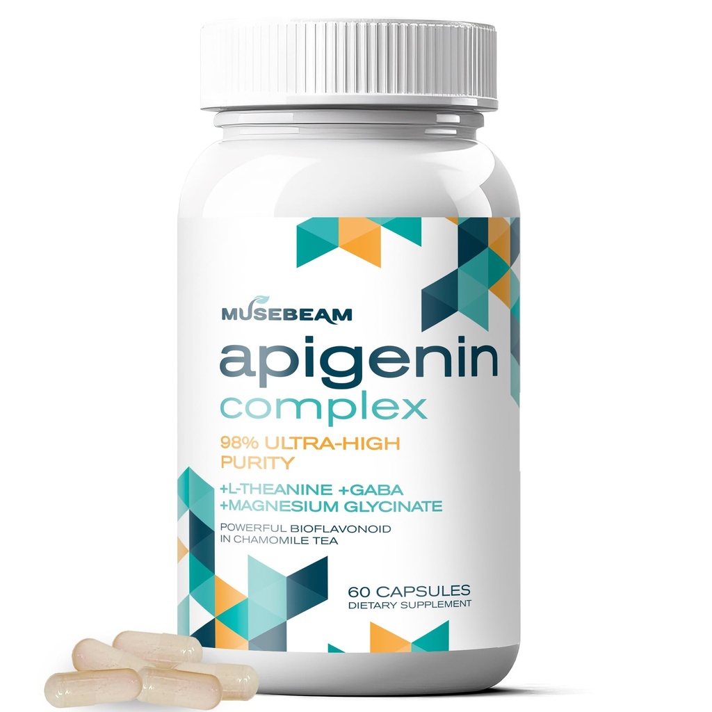 Supplément d'apigenine pour le repos et le soutien de la relaxation - 50 mg d'apigenine par gélule avec glycinate de magnésium 275mg L-Theanine 100mg GABA 100mg - 98% ultra-haute pureté