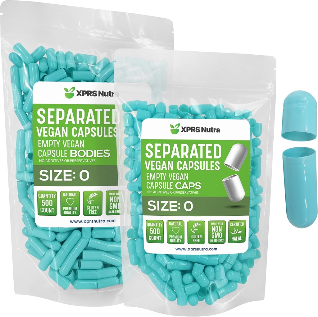 XPRS Nutra Vegan Größe 0 Getrennte Kapseln - 500 Count Premium Leere Kapseln Getrennt in Taschen - Pillen 0 Leer für DIY Ergänzung Füllung (Aqua)